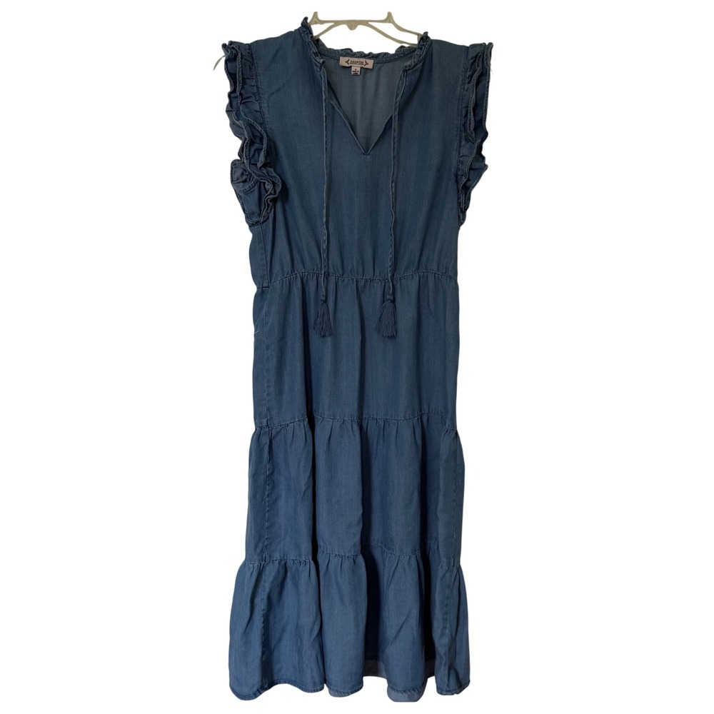 Nanette Lepore Denim Blue Chambray Ruffle Sleeve Boho Maxi Dress Size Small